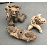 4 ceramic pieces: An incense burner, a flute & 2 figurines. Estimate £25-35.