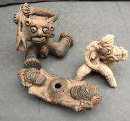 4 ceramic pieces: An incense burner, a flute & 2 figurines. Estimate £25-35.