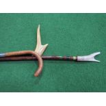 3 walking sticks, 1 Irish Blackthorn with silver band & 2 with horn handles. Estimate £15-20.