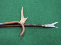 3 walking sticks, 1 Irish Blackthorn with silver band & 2 with horn handles. Estimate £15-20.