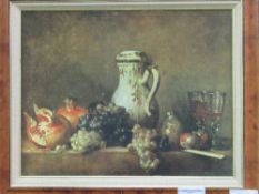 Framed reproduction picture of Still life & a framed & glazed tapestry of a cottage scene