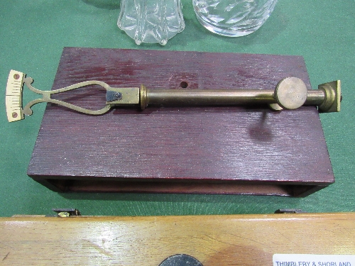 Box set of weighing scales c/w weights, a hand press & a Paul Waechter (Wetzler) microscope in a - Image 4 of 4