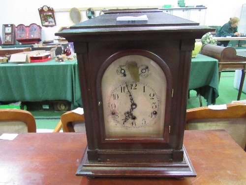 Large mahogany Westminster chimes regulator mantel clock with domed bezel & satin silver face,
