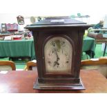 Large mahogany Westminster chimes regulator mantel clock with domed bezel & satin silver face,