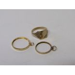 9ct gold decorated signet ring, size M, weight 4.7gms, 9ct gold sovereign ring, 0.7gms & 1 other.