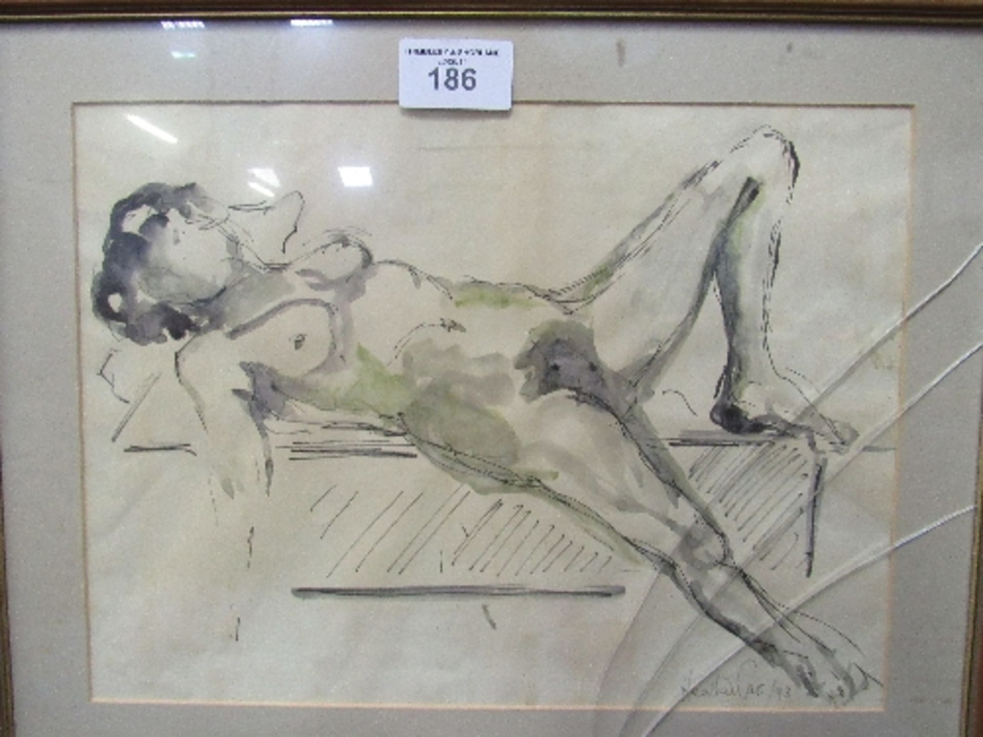 Framed & glazed ink & wash of a naked female signed Heather Carr, a/f