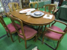 Oak extending lyre-end dining table, 150cms (closed) x 100cms x 78cms together with 4 high back cha