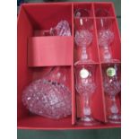 Crystal D'Arques 7 piece Longchamps decanter & wine glass boxed set. Estimate £10-20.