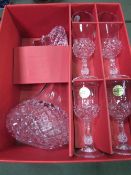 Crystal D'Arques 7 piece Longchamps decanter & wine glass boxed set. Estimate £10-20.