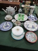 Dresden cup & 2 saucers, decorative china teapot (a/f), oriental teapot, Meissen decorative