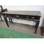 Ebonised & lacquer worked Chinoiserie side table with 3 frieze drawers, 154cms x 46cms x 84cms.