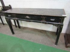 Ebonised & lacquer worked Chinoiserie side table with 3 frieze drawers, 154cms x 46cms x 84cms.