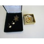 Cockle shell brooch, pair of silver & pearl earrings & a fine filigree brooch of white metal &