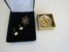 Cockle shell brooch, pair of silver & pearl earrings & a fine filigree brooch of white metal &