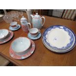 Wedgwood 'Variations' breakfast set for 2, a pottery jug & 2 blue & white meat plates. Estimate £
