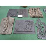 Oriental lidded pot & 6 metal plaques by Thomae. Estimate £15-25.
