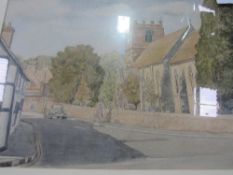 Framed & glazed pencil picture of a church scene (possibly Pangbourne) by Brian Fowler, framed &