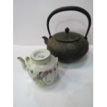 19th century black oriental metal kettle & Chinese porcelain teapot. Estimate £40-60.