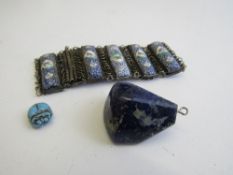 Blue stone small scarab beetle, a Lapis Lazuli pendant & a Persian silver & enamel bracelet (a/f).