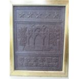 Framed oriental wooden printing block. Estimate £50-100.