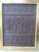 Framed oriental wooden printing block. Estimate £50-100.