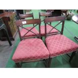 2 pairs of mahogany dining chairs, 2 with cross splats & 2 with scroll splats. Estimate £40-60.