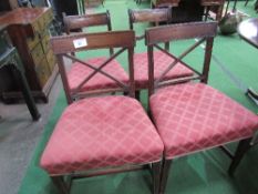 2 pairs of mahogany dining chairs, 2 with cross splats & 2 with scroll splats. Estimate £40-60.