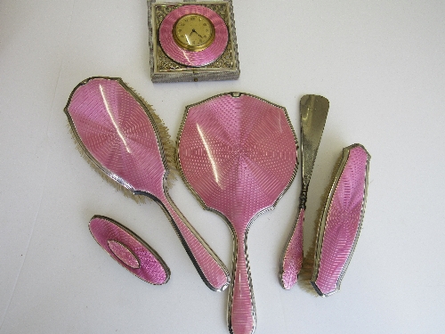 Silver & pink enamelled back dressing table set, Birmingham 1928 comprising hairbrush, mirror,