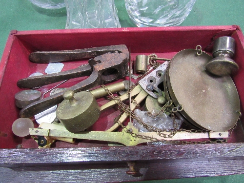 Box set of weighing scales c/w weights, a hand press & a Paul Waechter (Wetzler) microscope in a - Image 3 of 4