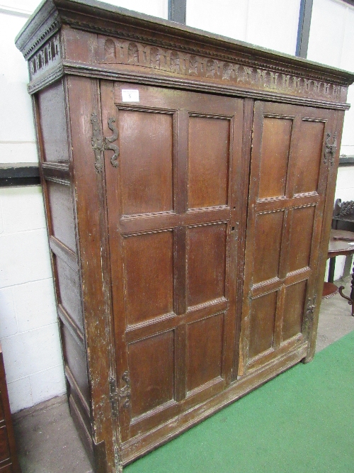 Large oak 17th century hanging cupboard, double doors, gouge carving to top, hanging pegs to - Image 6 of 6