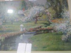 Framed & glazed picture of a lady by a stream by Wendel, & Renoir print Pinot Boulevard Street in