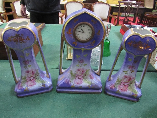 Early 20th century clock garniture set. English porcelain. Clock in going order. Estimate £30
