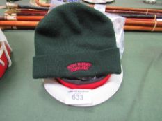 Royal Marines dress cap, stable belt, shoulder badges & beanie hat. Estimate £10-20.