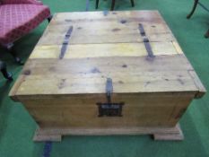 Unusual square pine chest/coffee table with twin lids, steel hasps & hinges, with handles to the