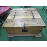 Unusual square pine chest/coffee table with twin lids, steel hasps & hinges, with handles to the