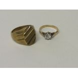 Gold over silver white stone ring, size M & a gold coloured metal signet ring, marked 18k (does