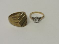 Gold over silver white stone ring, size M & a gold coloured metal signet ring, marked 18k (does