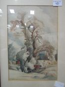 Framed & glazed watercolour of a large tree with building & figure, signed E M Ouston 1848