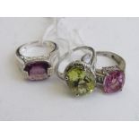 3 silver rings with sapphire, amethyst & citrine stones, sizes Q, Q & R 1/2. Estimate £60-80.