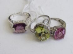 3 silver rings with sapphire, amethyst & citrine stones, sizes Q, Q & R 1/2. Estimate £60-80.