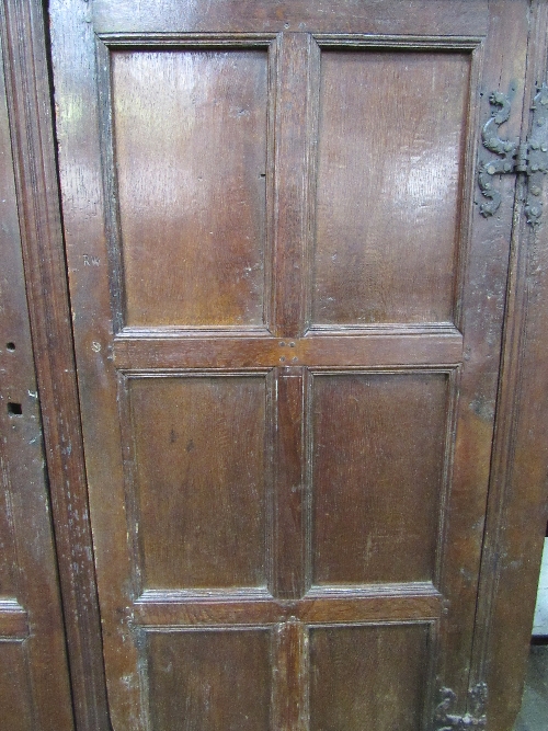 Large oak 17th century hanging cupboard, double doors, gouge carving to top, hanging pegs to - Image 3 of 6