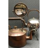 Trio comprising copper kettle, silver plated teapot & stand & an Arts & Crafts mirror on copper