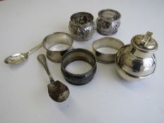 4 hallmarked silver napkin rings; unmarked silver napkin ring; hallmarked silver small flask,