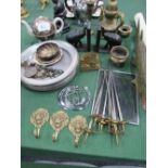 8 WMF plates, WMF teapot, metal pike figure, oriental brass pipe, other metal ware & book ends.