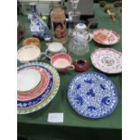 3 oriental plates, Delft bottle vase, qty of other china ware & a carved wood & enamel ashtray.