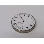 Pocket watch movement with white enamel face, 4.5cms diameter. Estimate £10-20.