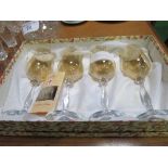 Cut glass decanter, 8 cut glass sherry glasses & 4 Italian tall wine glasses, boxed. Estimate £10-