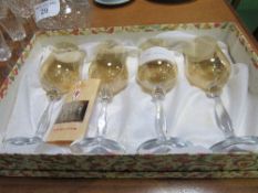 Cut glass decanter, 8 cut glass sherry glasses & 4 Italian tall wine glasses, boxed. Estimate £10-