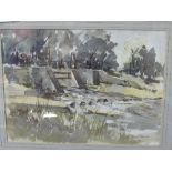 Framed & glazed watercolour of a lock & weir signed Jones 81