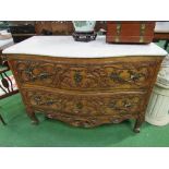 French walnut Bombe 2 drawer commode with marble top & heavily carved decoration to front, 120cms